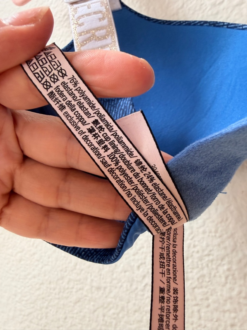 Victoria’s Secret Logo Strap T-Shirt Push-Up Bra Blue Denim Look 32C Y2K - Picture 8 of 9